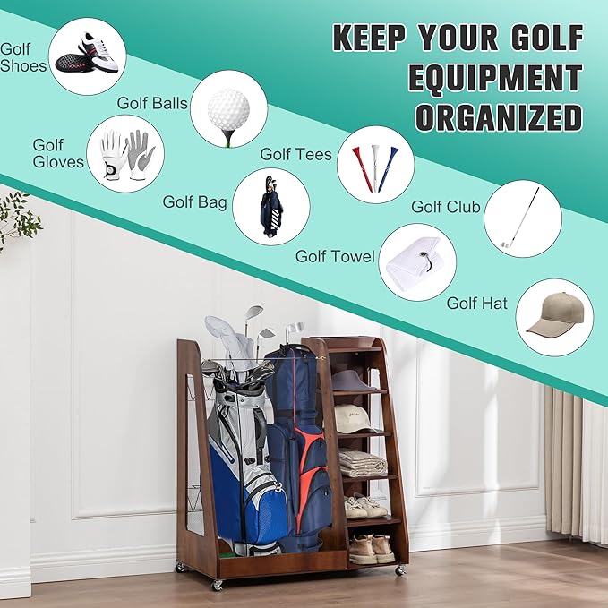 CHARMMA Golf Bag Organizer for Garage, Premium Wooden Golf Clubs Storage Rack Fit 2 Golf Bags, Golf Trunk Organizer for Car Garage Club Shed Basement,35.50x18.00x40.00in
