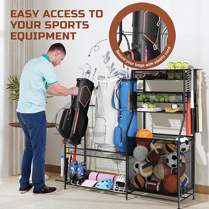 Garage Sports Equipment Organizer,3 Golf Bags Storage Stand,Heavy-Duty Ball Storage Rack with Basket and Hooks,Space-Saving Design for Toy Sports Gear Storage Indoor/Outdoor Use