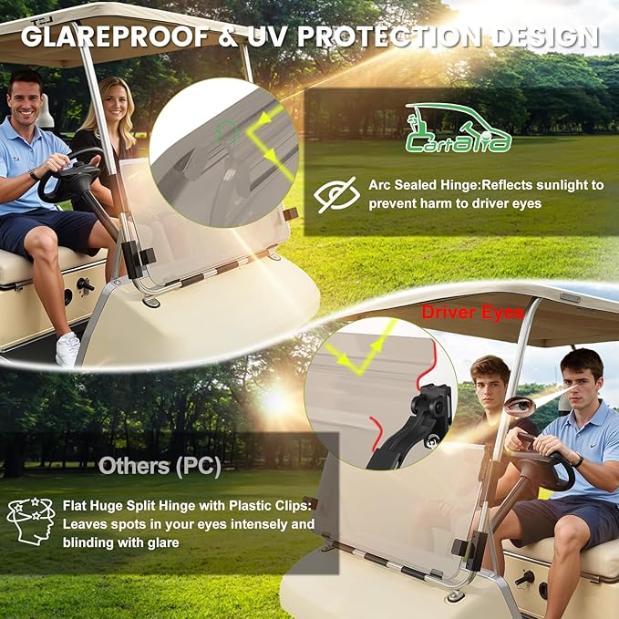 Golf Cart Foldable Windshield 3/16" (5MM) Only Fits 1982-2000 Club Car DS 1"×1" Struts Upper and Down Straight Rail, Folding Acrylic Replacement - Tinted (Not Fit Top Tapered Rail Style)