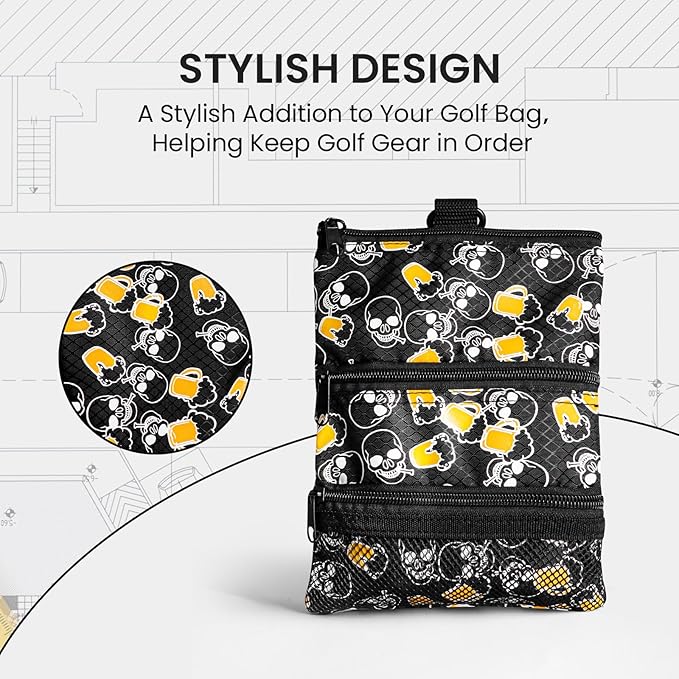 Golf Bag Accessories Valuables Pouch Bags Multi Pocket Zipper Hook with 10 Pcs Wood Golf Tees for Men Women