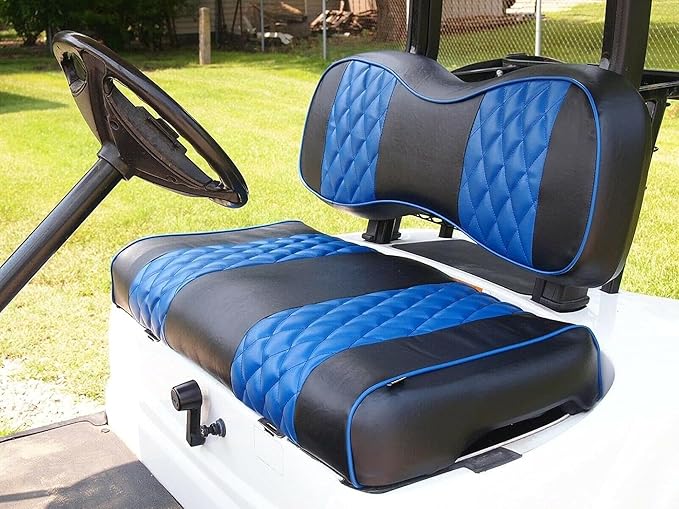 Huskey 2PCS Golf Cart Front Seat Covers for Club Car DS 2000.5 UP G&E Models Custom Two-Tone Black/Blue Diamond Stitching with Blue Piping, Marine Grade Vinyl Material, Staple on Design