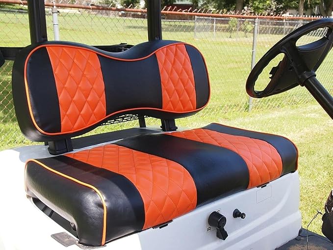 Huskey 2PCS Golf Cart Front Seat Covers for Club Car DS 2000.5 UP G&E Models Custom Two-Tone Black/Orange Diamond Stitching with Orange Piping, Marine Grade Vinyl Material, Staple on Design