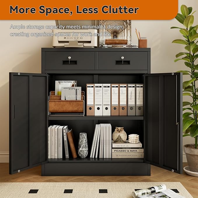 BESFUR 36" H Metal Storage Cabinet with 2 Lockable Drawers and 2 Lockable Doors, Black Locking Cabinet with Adjustable Shelf, Metal Cabinet for Home Office, Garage,School, Warehouse, Utility Room