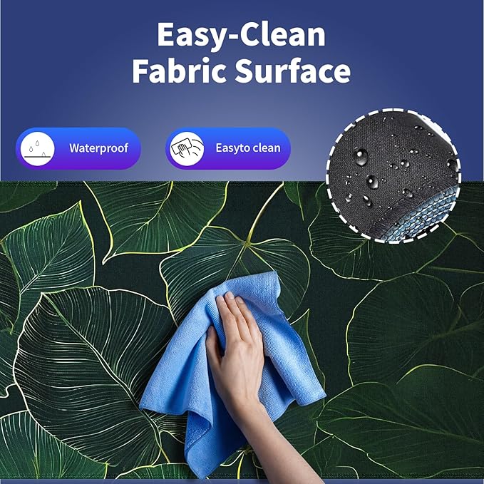 Extended XXL Gaming Mouse Pad with Stitched Edges for PC Home & Office - Lush Green Leafy Pattern with Golden Edges Palm Texture, Smooth Fabric Surface Anti-Slip Natural Rubber Base Large Desk Mat