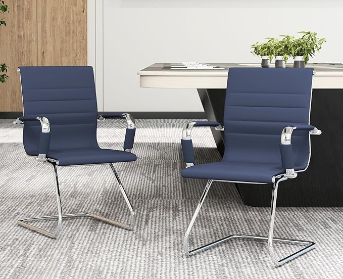 CIMOTA Waiting Room Chairs Leather Office Guest Chair Mid Back Reception Chairs with Sled Base for Meeting/Patient/Conference Room, Navy Set of 4