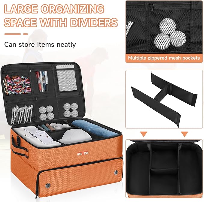 ANILD Golf Trunk Organizer, 2 Layer Golf Storage Case with Separate Ventilated Compartment for 2 Pair Shoes, for Balls, Tees, Clothes, Gloves, Accessories, Golfer Gifts