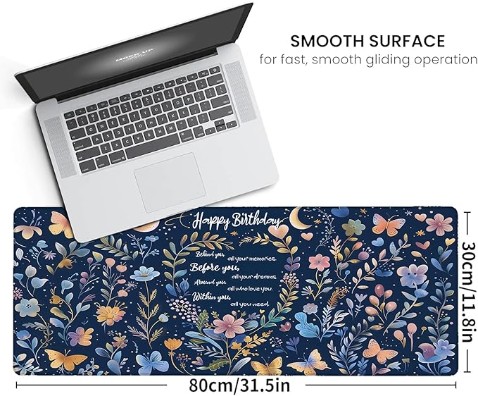 Happy Birthday Large Gaming Mouse Pad,Festival Party Desk Mat,31.5x11.8x0.12in Extended Non-Slip Rubber Moon Floral Blue Mousepad,Computer Deskmat Gifts,Laptop Mice Pads Decor for Home Office