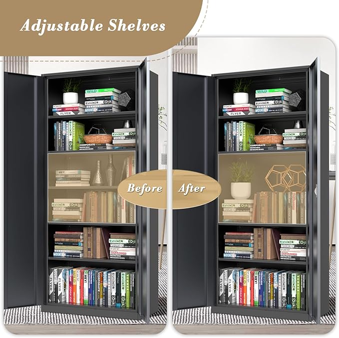 Athena Collection 71" Tall Metal Storage Cabinet with 2 Doors and 6 Ajustable Shelves, Garage Storage Cabinet for Files, Tools, Home Offcie, School, Garage, Pantry, Grey Black
