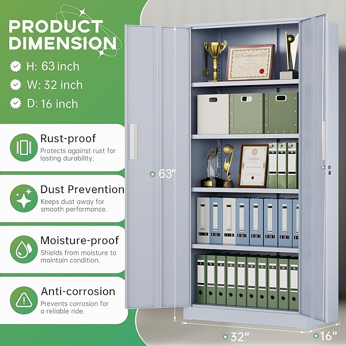 INTERGREAT Metal Storage Cabinet with Lock, 63" H Metal Cabinets Storage with 2 Doors and 4 Adjustable Shelves, Locking Garage Cabinet for Home Office, Kitchen, Bathroom (Cement Grey)
