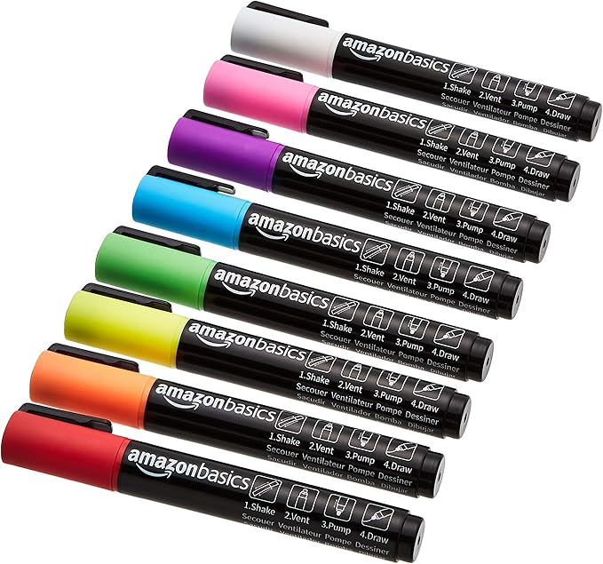 Amazon Basics Bullet/Chisel Reversible Tip Chalk Markers, Bold Point, 8-Pack, Bright Colors
