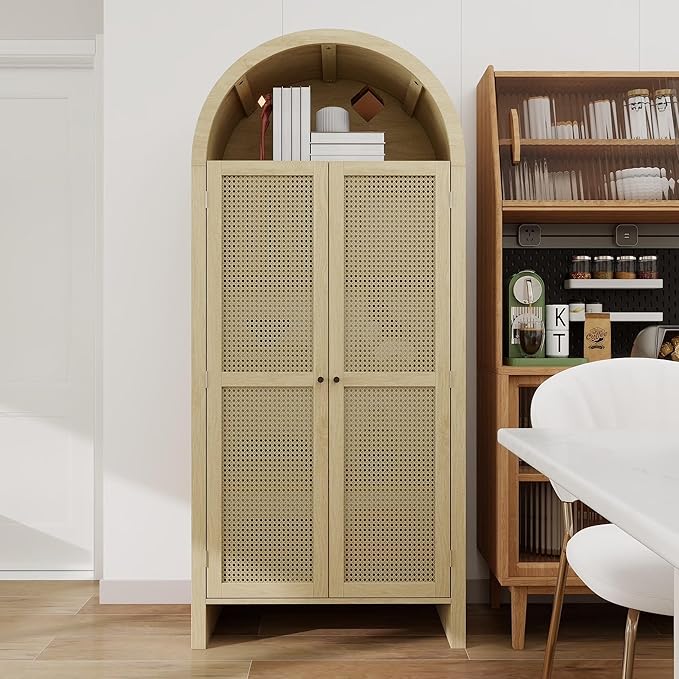 Rainbow Home California 70" Tall Arched Kitchen Pantry with 2 Large Rattan Doors, Storage Display Cabinet with 2 Adjustable Shelves, Versatile for Dining Room, Living Room, Study, Natural