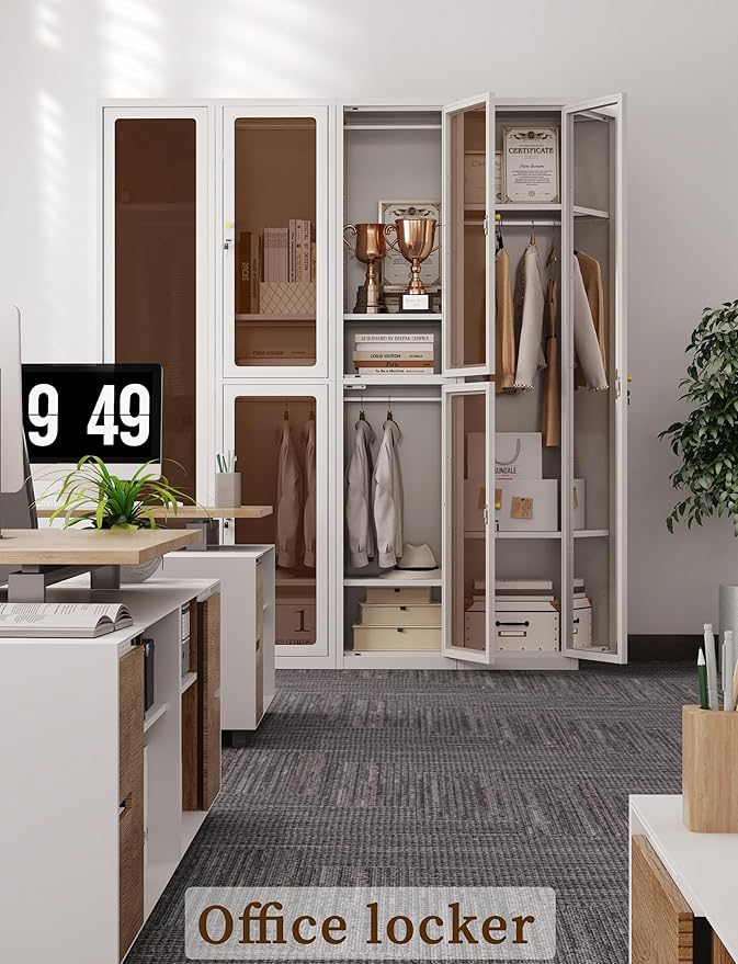 72.83" H Metal Locker 0rganizer for Employees with Lock, Amber Glass Door Cabinet,Lockable Lifetime Locker for Home, Office, Gym, School, Garage (Double Door, White)
