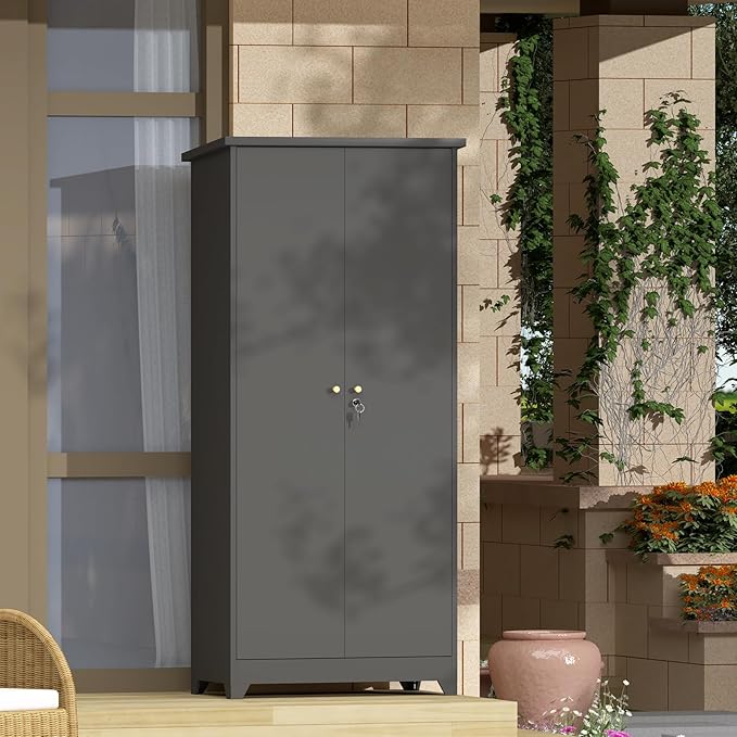 GREATMEET 72.8" Outdoor Broom Storage Cabinet, Metal Storage Cabinets for Cleaning Supplies with Slanted Roof, Utility Closet, Waterproof Outdoor Shed for Broom Mop, Grey