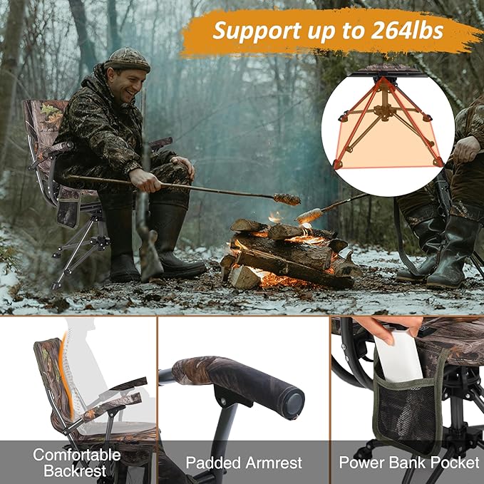 REDCAMP 360° Swivel Heated Hunting Chairs for Ground Blinds, Portable Folding Camo Camping Chairs for Adults Hunting Seats with Hard Arms for Fishing Camping(No Power Bank)