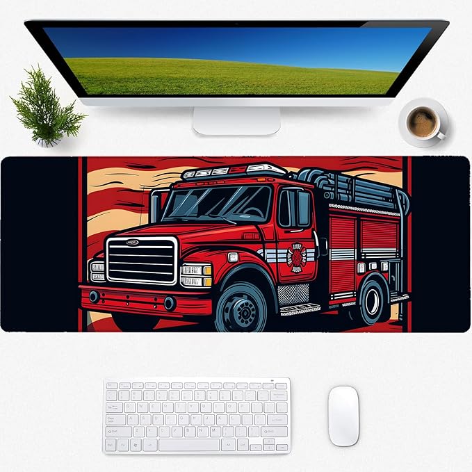 American Flag Fire Truck Gaming Mouse Pad, Desk Mat, Non-Slip Rubber Base Cool Aesthetic MousePads for Computer Laptop Keyboard Office School Home Desktop Accessories Decor 31.5" x 11.8"