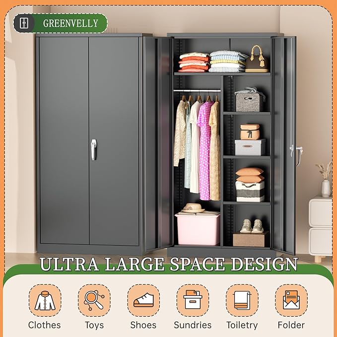 Greenvelly Metal Wardrobe Cabinet with Locking Doors, 72"H Black Metal Wardrobe Closet with Hanging Rods and Adjustable Shelves, Clothing Storage Closet for Home, Office, Employee, Gym (16" D x 32" W)