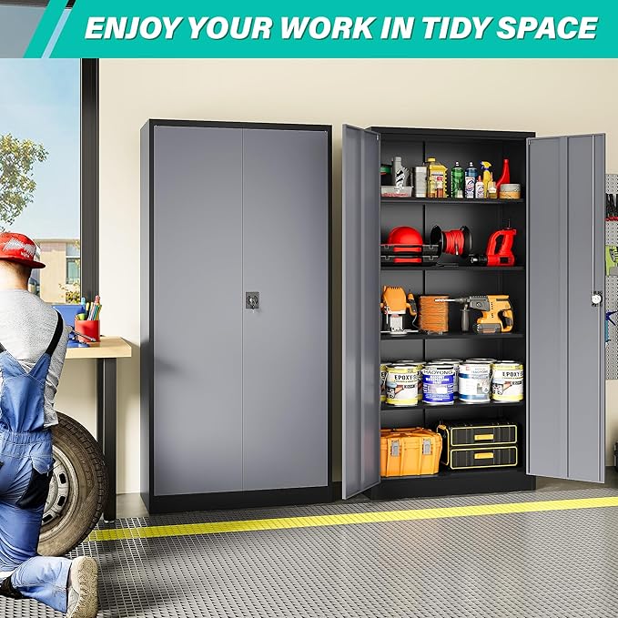 SISESOL Wide & Deep Metal Storage Cabinet with Lock & Adjustable Shelves,72" Gray Garage Storage Cabinet with Locking Doors,Locking Metal Cabinets for Home,Office,Shop,Garage 72x36x18