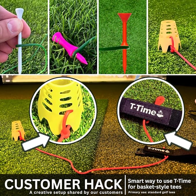 T-Time® Golf Tee Anchor Leash & Tether – US Patented – Keeps Tees in Place for Driving Range and Simulator Practice.