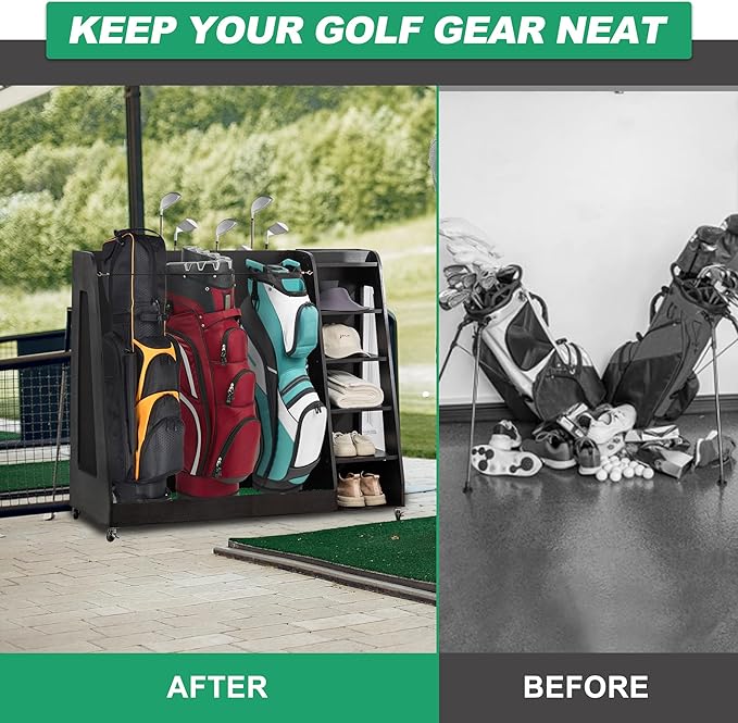 Wooden Golf Bag Organizer Garage Large Golf Bag Storage Rack Stand with Wheels Fits 3 Golf Bags, Golf Clubs and Other Golfing Equipment Accessories Golf Bag Holder for Garage, Club, Shed Basement