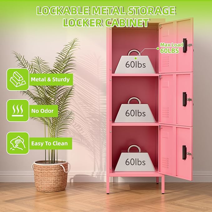 Aobabo Metal Locker, 16" W 3 Door Metal Storage Lockers for Employees with Lock and Name Card Holder for School, Home, Office, Playroom, Assembly Required, Pink