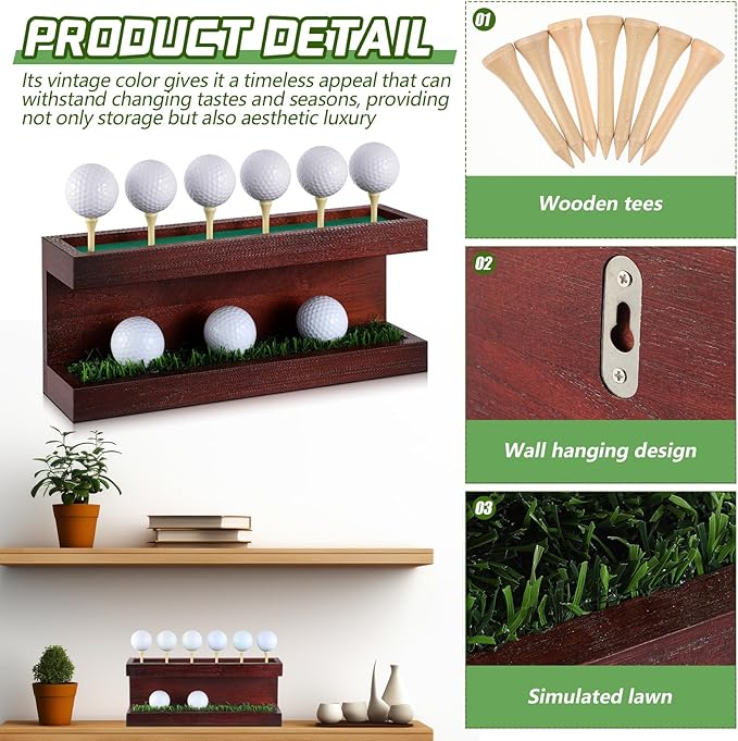 Menkxi Rustic Wood Golf Ball Holder 12.5 x 3 Inch Wall Mounted Vintage Display Stand Floating Shelf with Golf Tees for Christmas Storage Party Decor Supplies