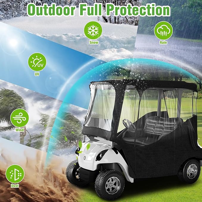 2-Person Golf Cart Rain Enclosure for EZGO TXT/RXV | All-Weather Waterproof Driving Cover with 600D Fabric & 4-Side Clear PVC Windows | Windproof & Full Protection
