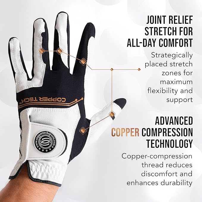 Copper Tech Golf Gloves Men Right Handed Golfer Or Left Handed Golfer (2 Pack) | Copper Compression Joint Support with Flexible & Comfortable Fit | AAA Leather Construction & Tacky Silicone Pad
