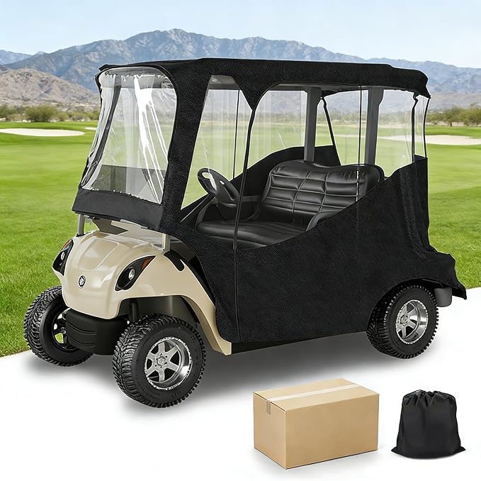 2-Person Golf Cart Rain Enclosure for EZGO TXT/RXV | All-Weather Waterproof Driving Cover with 600D Fabric & 4-Side Clear PVC Windows | Windproof & Full Protection