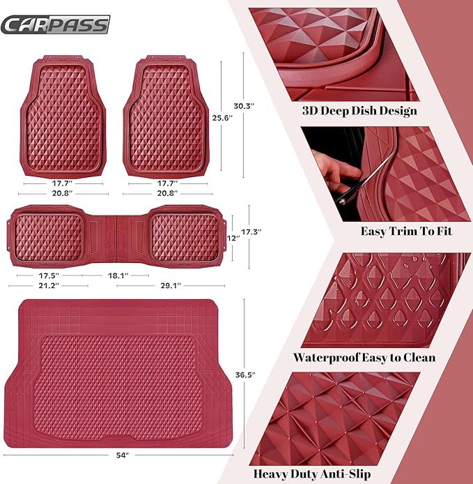 CAR PASS Heavy Duty Rubber Red Car Floor Mats & Cargo Liners, Deep Dish All-Weather Trunk Mats Durable Anti-Slip 3D Rhombus Waterproof Trim to Fit Liner Universal Fit Auto,Sedan,SUV,Truck, Burgundy