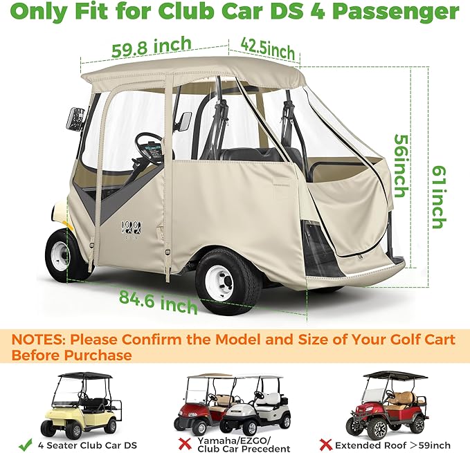 10L0L 4 Passenger Golf Cart Enclosure for Club Car DS Short Roof, 600D Waterproof Golf Cart Rain Cover, Heavy Duty Driving Enclosure, Snowproof Windproof, with Clear PVC Windows & Tail Light Panel