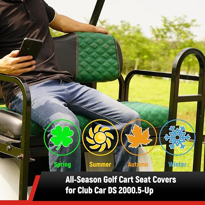 Golf Cart Seat Covers Front and Rear Waterproof and Sun Resistant Marine Grade Vinyl Leather Seat Cover Accessories for Club Car DS 2000.5-up, Green(4PCS)