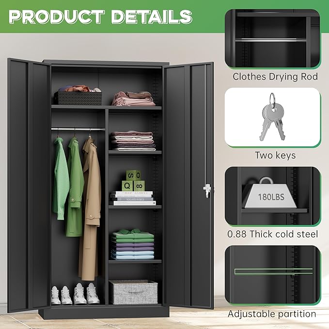 INTERGREAT Metal Wardrobe Closet, 72" H Metal Storage Armoires Cabinet with Lockable Doors and Hanging Rod, Armoire Wardrobe Closet with 4 Adjustable Shelves for Home Office, Warehouse, Garage, Black