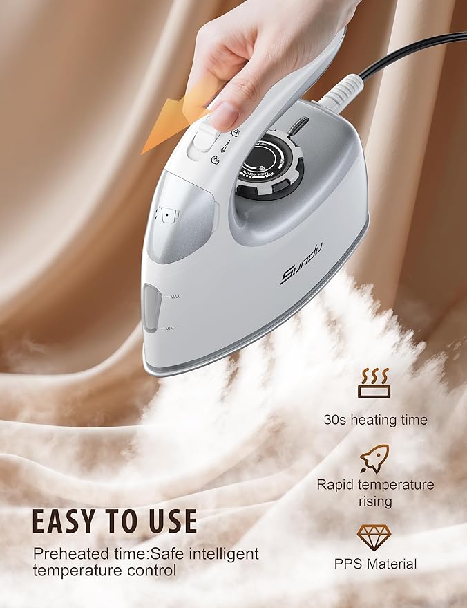 Sundu Small Iron for Clothes with Steam,Travel Iron Portable Non-Stick Soleplate Steamer for Quilting & Sewing,300 Microsteam Holes,90ml Water Tank,Lockable Safety Base-Silver