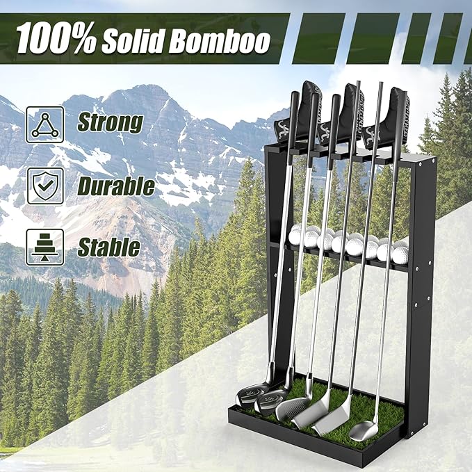 Golf Putter Stand, Premium Wooden Golf Club Rack for 6 Clubs, 18 Balls & 3 Putter Covers Storage, Golf Putter Stand, Floor Display Rack for Indoor Home Office Club Simulator