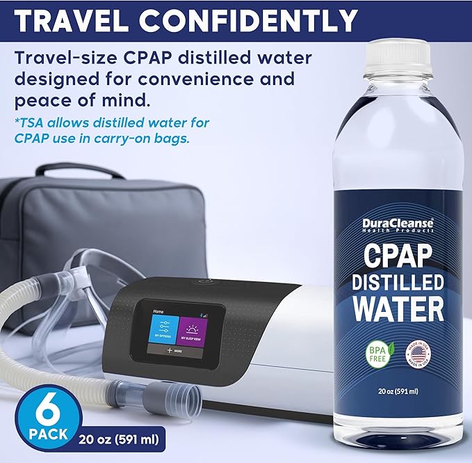 Dura Cleanse Distilled Water for CPAP Machines 6 Pack (20 oz Each) Travel Size Bottles for Resmed, Respironics Machines, Personal Humidifier - Made in USA, BPA-Free, Clean, Multi-Use, Travel-Friendly