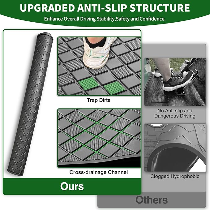 Golf Cart Floor Liner Mat 8mm Thick Rubber Full Coverage Fit for Club Car DS 1982-2013 / Villager 1982-2018 Carts Heavy-Duty Non-Slip Front Feet Mats Replacement Easy to Clean - Black Trim
