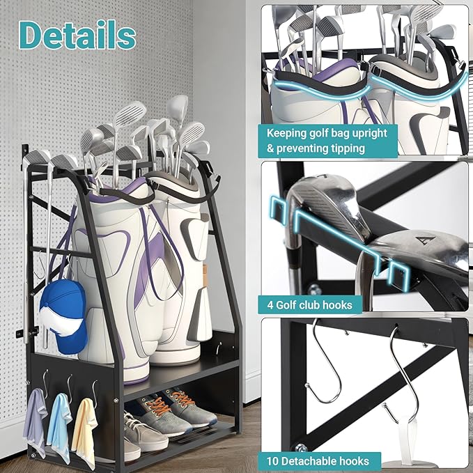 Golf Bag Organizer - Wall Mount & Freestanding - Holds 2 Golf Bags w/ 4 Club Racks, 10 Hooks & Storage Shelf - Golf Bag Stand w/Adjustable Feet for Garage, Store, Club, Shed