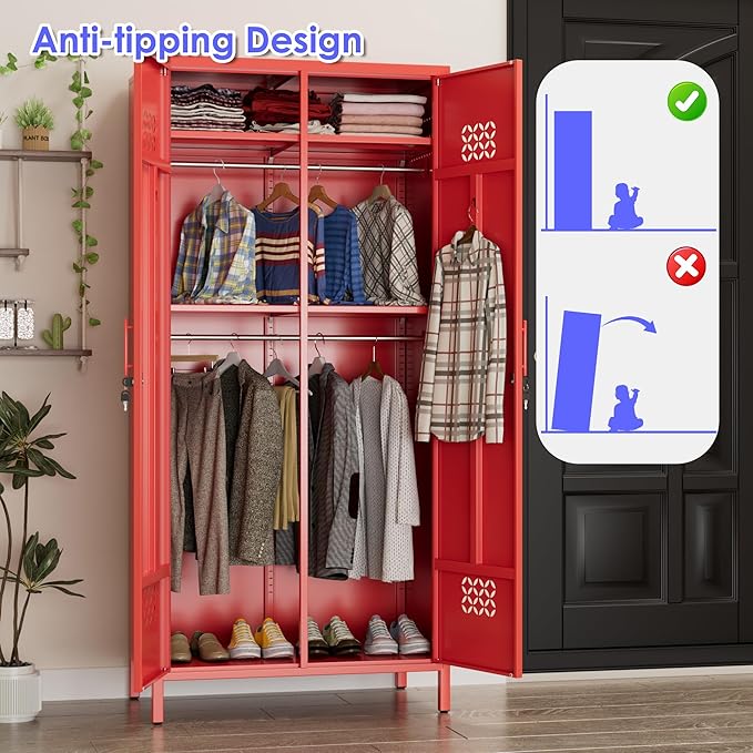 METAN 2 Door Metal Storage Lockers for Employees, Lockable Steel Storage Lockers with Hanger and Adjustable Shelves,Assembly Required,Red