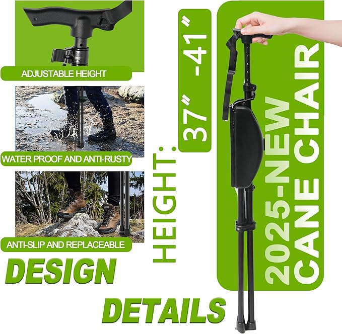 Portable Walking Stick with Cushion, Adjustable Height Cane with Seat, Portable Cane Stool, Lightweight Aluminum, Capacity 550 Lbs, for Camping, Hiking, Climb, Anti-Slip with Carry Bag
