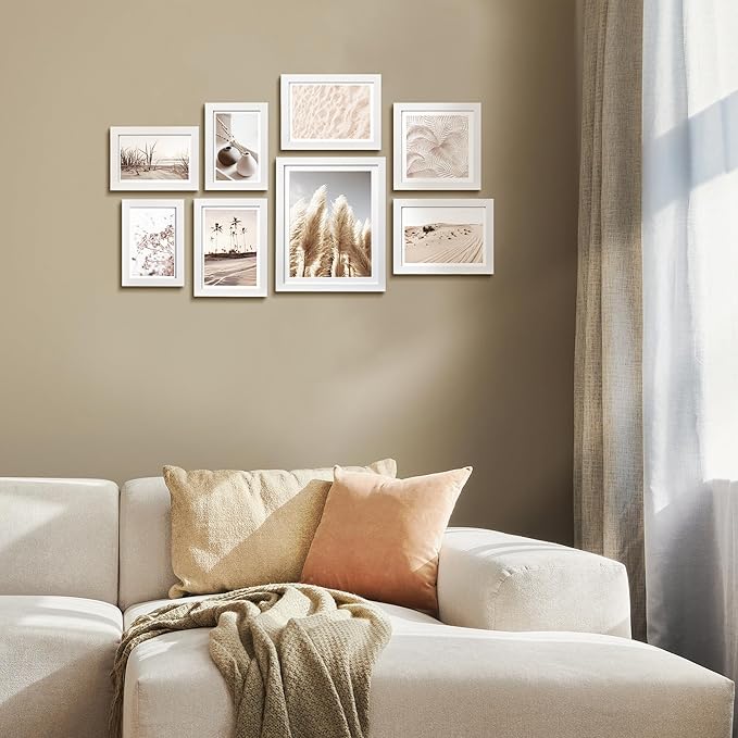 ArtbyHannah Gallery Wall Frame Set, 8 Pack Picture Frames Collage Wall Art Decor with Neutral Pampas Grass for Bedroom, Assorted Size Including 8"x10", 5"x7", 4"x6", 6"x6"(White Frame,Small)