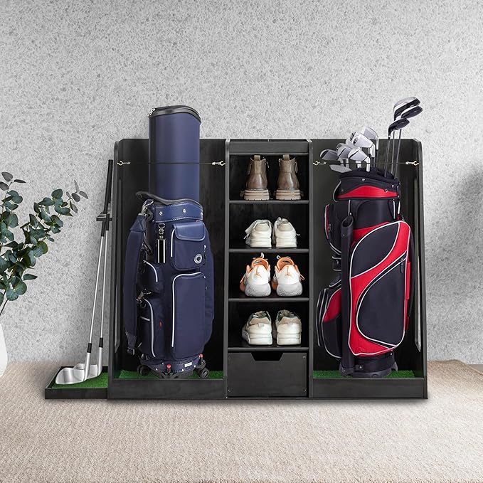 Wooden Golf Bag Organizer for Garage with Drawers, 2 Golf Bag Holder with Club Holders On Side for Car Garage Club Shed Basement, Gray