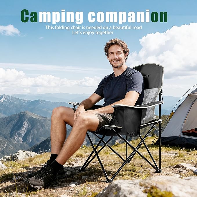 Portable Outdoor Folding Chair with Cup Holder & Cooler Bag - Breathable Mesh, Wide Armrests, Ergonomic Design for Camping, Beach, Backyard - Includes Storage Bag & Bottle Opener (Black/Green/Red)