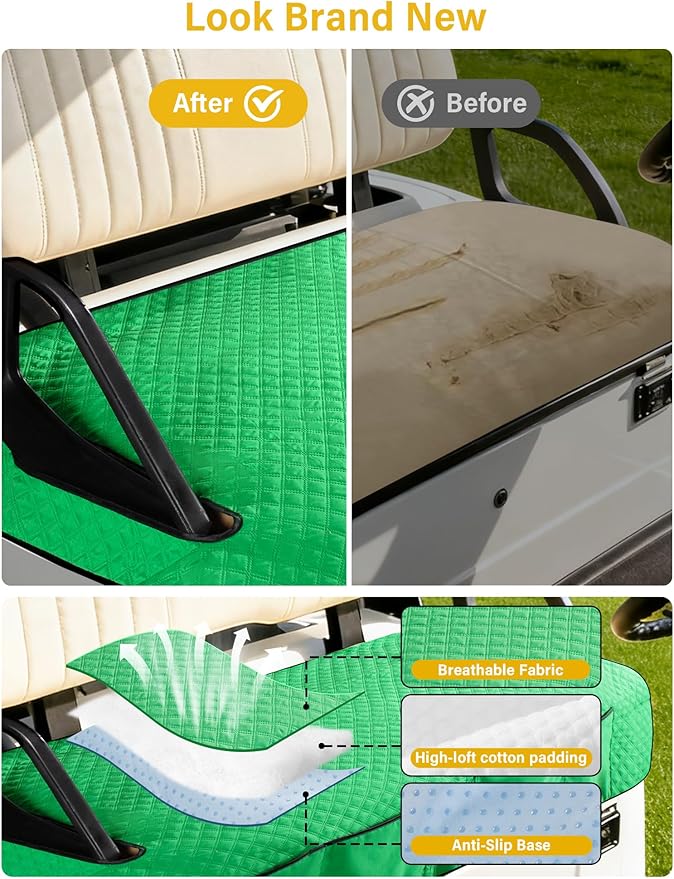 Golf Cart Seat Covers,Golf Cart Seat Towel Blanket with 4 Front Pockets & Nonskid Bottom Fits for EZGO, Yamaha, Club Car and More 2 Person Seats Golf Carts (Christmas Green, Ezgo)