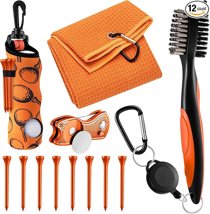 Liliful 12 Pcs Golf Accessories Kit, Include Golf Ball Bag with Hook Towel Tees Magnetic Ball Marker Divot Tool Cleaner Brush for Women Man Gifts