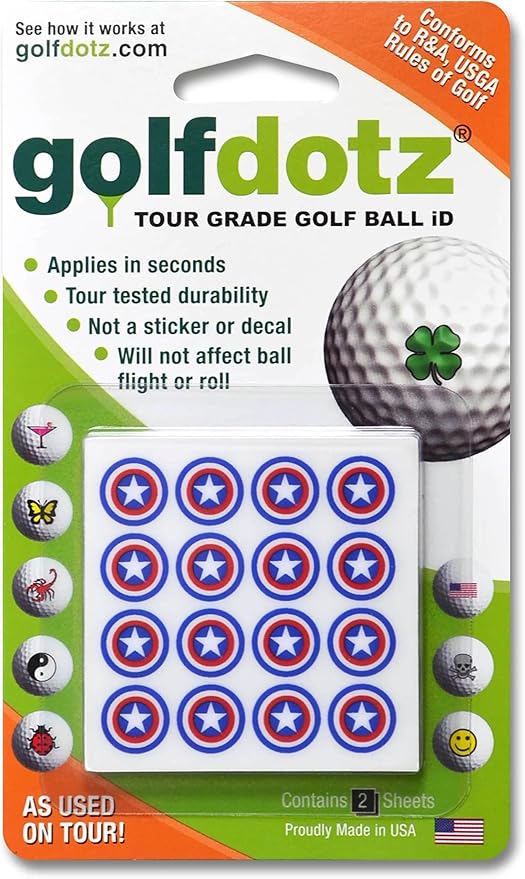 Golfdotz - USGA Rule Conforming Novelty Golf Ball Markers, Golf Ball Stickers for Marking Balls, No More Smearing from Stamps, Gifts for Golfers, Dads, and Retirees, (USA Collection; 32-Count)