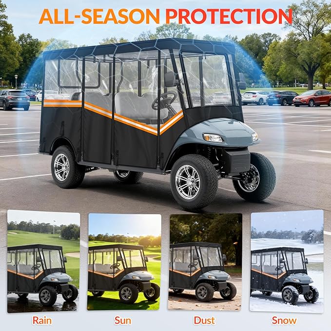 Golf Cart Enclosure for 6 Passenger, 600D Waterproof Golf Cart Rain Cover with Clear PVC Windshields, Compatible with Club Car & EZGO, Fits Extended Roof, Roll-Up Doors & Windproof Straps