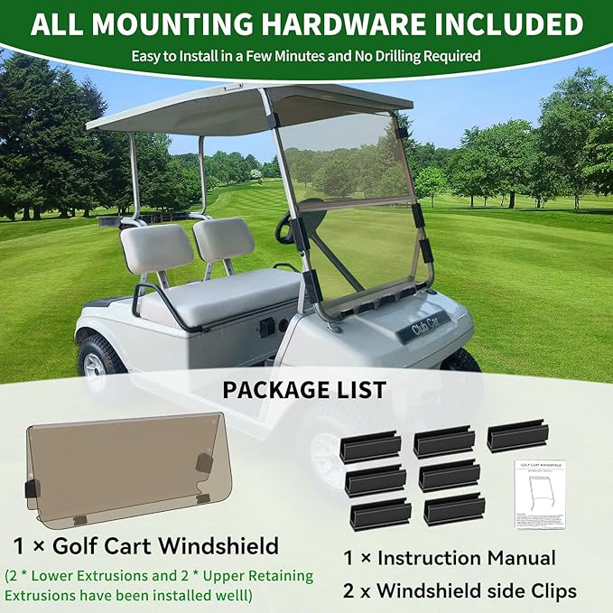 Golf Cart Foldable Windshield 3/16" (5MM) Only Fits 1982-2000 Club Car DS 1"×1" Struts Upper and Down Straight Rail, Folding Acrylic Replacement - Tinted (Not Fit Top Tapered Rail Style)