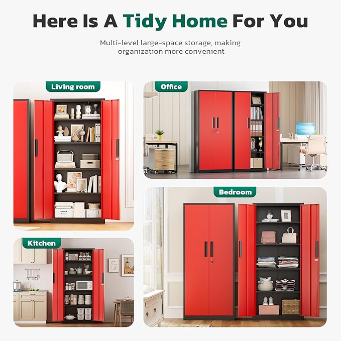 Greenvelly 63" H Metal Storage Cabinet Black Red, Locking Metal Cabinet, Store Tools, Clothes, Tableware and Toiletries, Garage Cabinets with Adjustable Shelves for Office, Home, Garage, Pantry