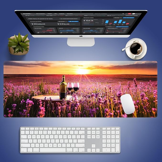 Wknoon. Extra Large Gaming & Office Mouse Pad (31.5" x 11.8") with Durable Stitched Edges – Sunset Landscape Wine Tasting in a Blossoming Lavender Field Country Meadow Picnic, Anti-Slip XXL Desk Mat
