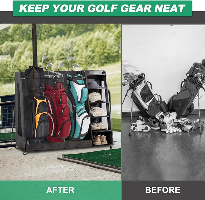 Wooden Golf Bag Organizer Garage Large Golf Bag Storage Rack Stand with Wheels Fits 3 Golf Bags, Golf Clubs and Other Golfing Equipment Accessories Golf Bag Holder for Garage, Club, Shed Basement